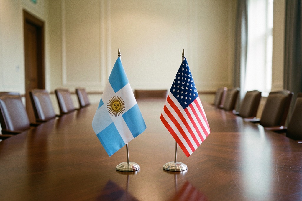 Argentine and US desk flags in an empty meeting room