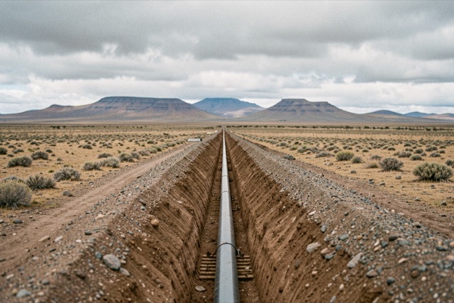 Pipeline works crossing an empty Patagonian landscape