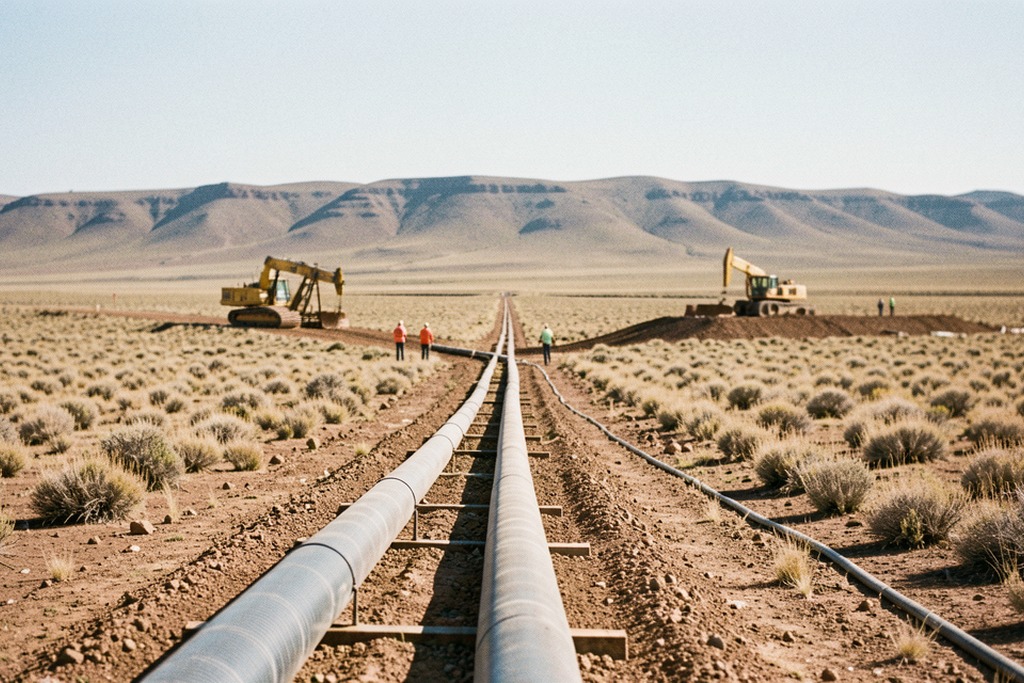 Pipeline construction crossing dry Patagonian terrain