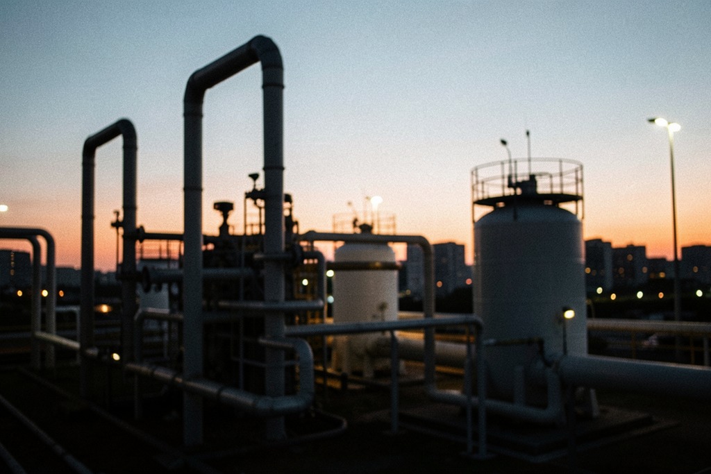 Industrial fuel tanks and refinery pipes at dusk